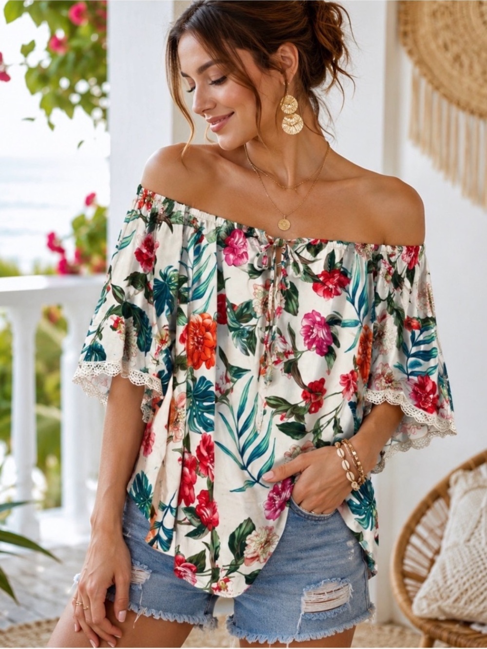 Vine & Love Tropical Floral Off Shoulder Boho Blouse Size L